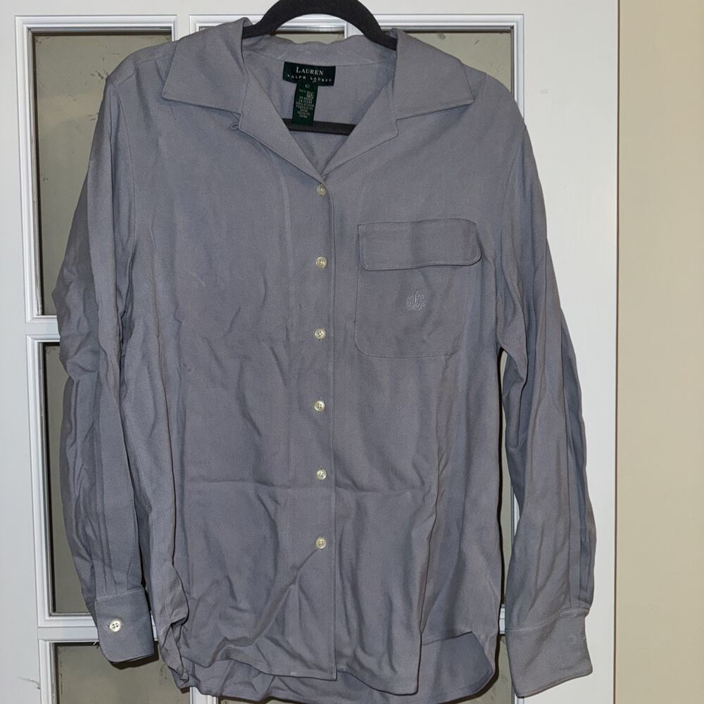 RALPH LAUREN Gray Silk Button Down Long Sleeve Oversized Blouse Shirt Top 12